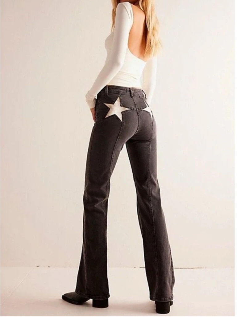 Free People Firecracker Wide Leg Flare Black Jeans Gold Star Size 28